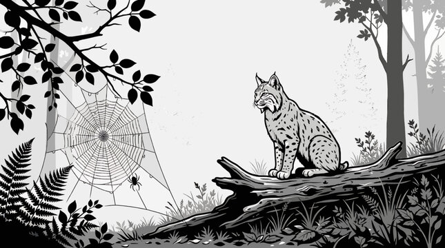 Black and white illustration of bobcat sitting on log looking at spider web in forest