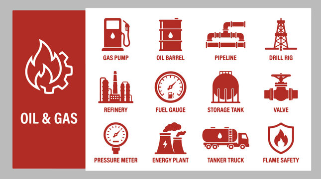 Collection of red industrial icons representing the petroleum and natural gas energy sector including refining and transportation symbols
