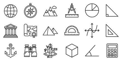 Geography and mathematics geometry line icon set with mathematics geography geometry education calculator triangle mountain protractor © rumonpix