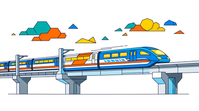 Modern high speed maglev train traveling on elevated monorail track vector illustration