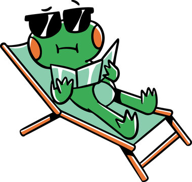frog sunbathing on beach hand drawn sticker, cute holiday frog illustration