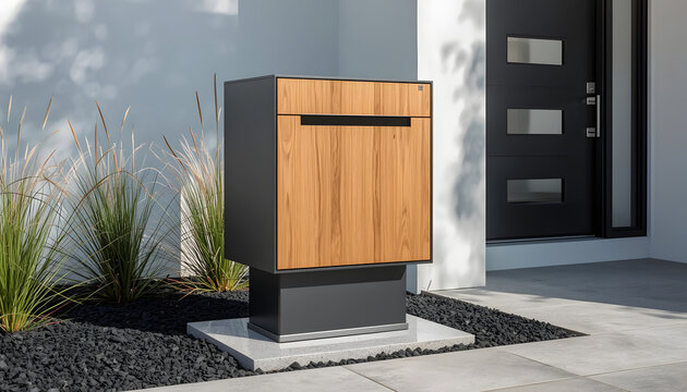 Modern Wooden Mailbox in Front of House with Black Door