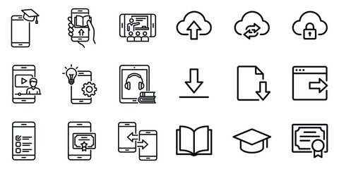Fototapeta premium Digital learning and cloud education icon set with education learning smartphone technology software download document training academic