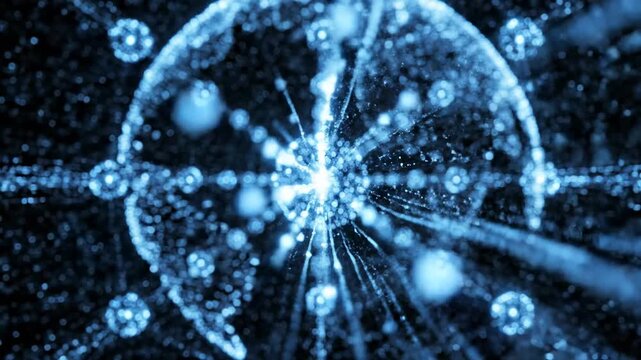 abstract blue glowing network grid of particles forming a digital globe, data connections, technology concept, futuristic