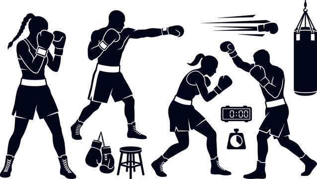 Black Boxing Silhouette Vector Set Featuring Male and Female Boxers Fighting, Punching Bag, Gloves, Timer, and Ring Stool for Fitness and Sports Graphic Designs