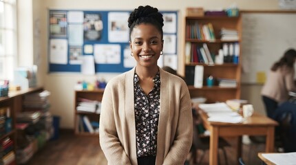 Fototapeta premium Celebrating teacher day portrait of a smiling black female educator in a classroom setting