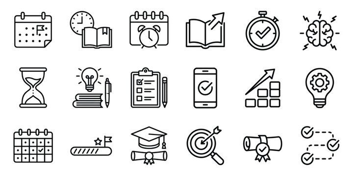Productivity and time management line icon set for planning and workflow with productivity management planning scheduling workflow business