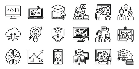 Fototapeta premium Set of education and technology line icons for online learning and software development with education technology learning software development