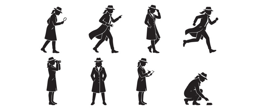 Female detective private investigator working pose black silhouette vector set