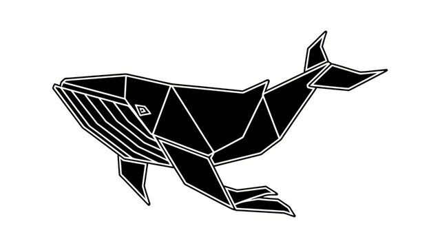 Geometric black whale vector illustration in low poly origami style isolated on white background