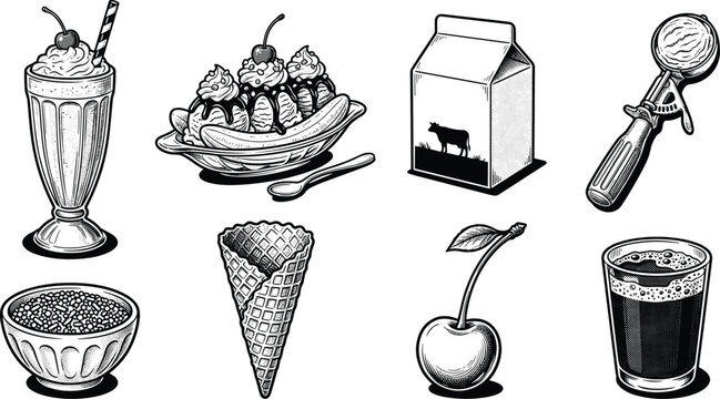 Retro Ice Cream Parlor and Milkshake Vector Element Set with Banana Split, Milk Carton, Waffle Cone, Scoop, Sprinkles, and Root Beer Float