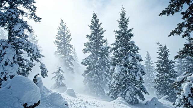 Snowy Forest Scene with Tall Pine Trees and Falling Snow.