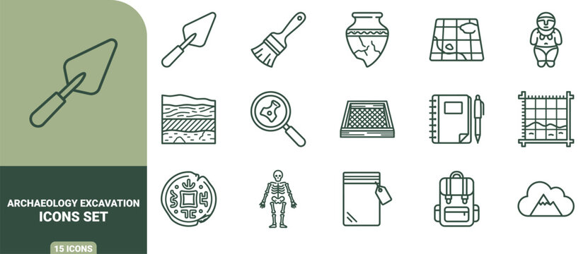 Archaeology excavation icon set featuring trowel, pottery, soil layers, skeleton, ancient coin, artifact sieve, field notebook, and exploration gear