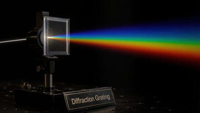 Light passes through a diffraction grating to create a rainbow spectrum on a dark background in a laboratory setting