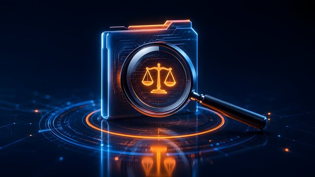 Glowing digital folder analyzed by a magnifying glass revealing a neon scales of justice icon representing e-discovery cyber law and digital forensics