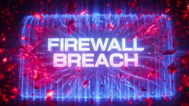 Firewall breach digital animation showing red malicious virus particles attacking blue secure data wall motion footage