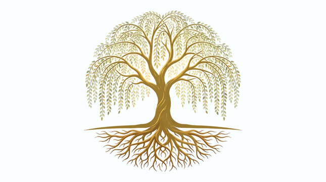 Golden Weeping Willow Tree with Exposed Roots on White Background