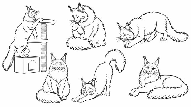 Set of Maine Coon cats in various poses, line art illustration