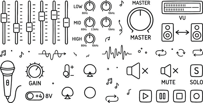 Audio Mixer Icon Set with Fader Sliders, Master Volume Knob, VU Meter, Microphone, Mute, Solo, and Playback Symbols