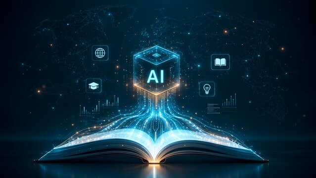 Glowing digital cube labeled AI hovering over open book emitting data streams machine learning and technology concept