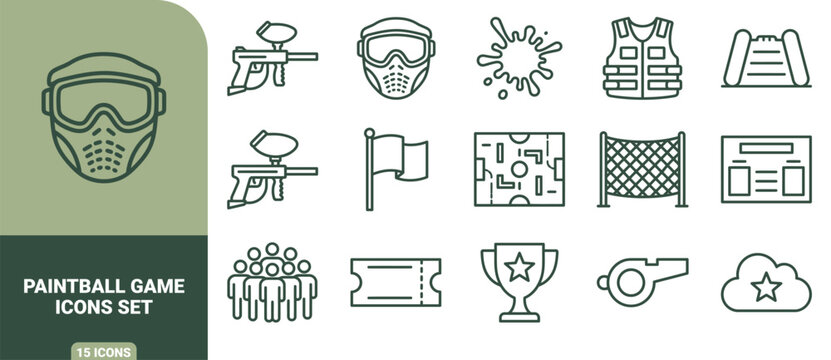 Paintball game icons set, featuring line of protective masks, markers, safety vests, field obstacles, trophies, and team equipment