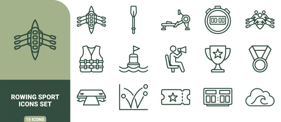 Fototapeta premium Rowing sport icon set featuring sculling boats, oars, life jackets, trophies, medals, stopwatches, and training equipment in dark green line style