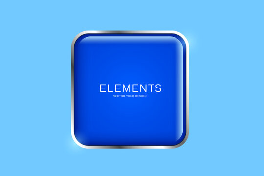 3D realistic blue glossy glass square button with metallic chrome frame, rounded corner Web element for user interface design, vector illustration isolated on light blue background for dessign
