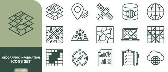 Set of 15 dark green line icons representing geographic information systems, mapping, navigation, global data, satellite technology, and cartography © Gra-fix PNG