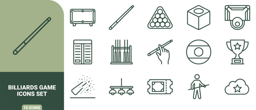 Set of 15 green line icons representing billiards and pool game equipment, including cues, balls, a table, a scoreboard, and a winner trophy