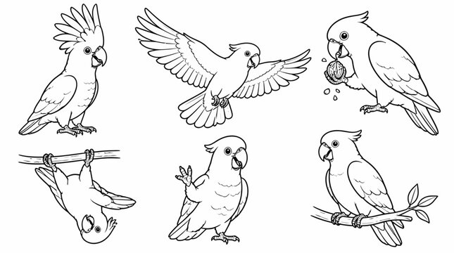 Set of Cute Cockatoo Parrots in Various Poses, Hand-Drawn Line Art