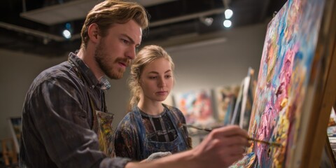 Obraz premium Young man and woman painting abstract artwork in art studio with colorful canvas, creative artists, inspiration, focus, and collaborative artistic process
