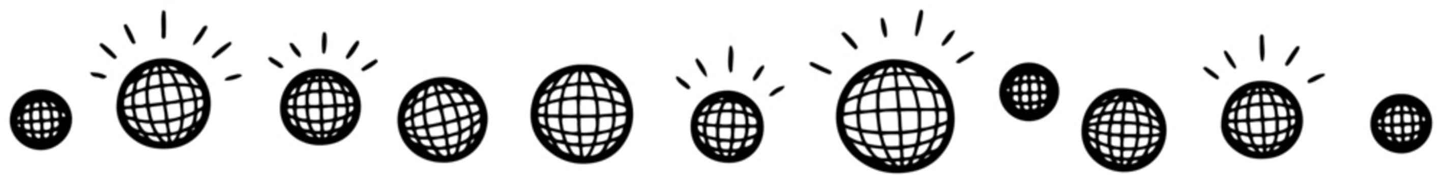 Disco balls for party and dance floor decorations in hand drawn doodle style