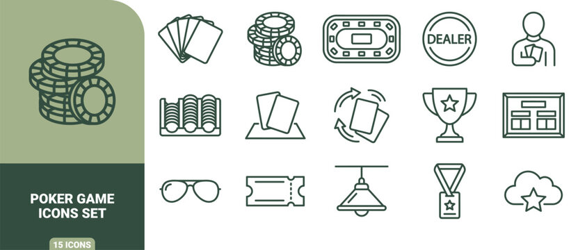 Set of 15 linear poker game icons featuring playing cards, casino chips, dealer button, trophy, sunglasses, ticket, and gaming table