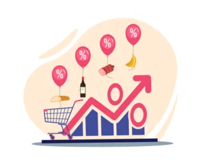 Rising prices and inflation. Shopping cart, food products and growing percentage chart, living increase cost, grocery inflation, retail market promotion, vector cartoon isolated concept © YummyBuum