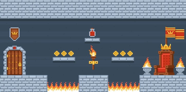 Pixel art castle dungeon. Game location in medieval fortress underground, platformers level, rpg and adventure with platforms, coins and fire traps, qualitative vector cartoon flat concept