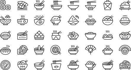 Asian Cuisine and Japanese Food Line Icon Set Featuring Sushi Rolls Ramen Bowls Chopsticks Noodles Rice Boxes Dim Sum and Traditional Culinary Symbols © SARIFA