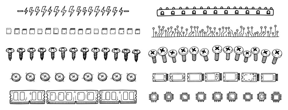 Hardware fasteners and electronic computer components arranged in horizontal rows in hand drawn doodle style