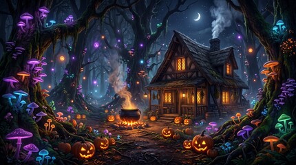 Obraz premium Enchanted forest with witch cottage, Halloween theme Background