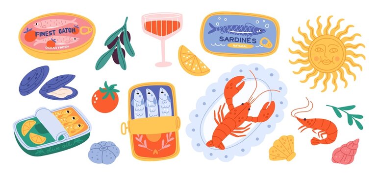 Mediterranean seafood. Cartoon canned fish, lobster, shrimp, olives, citrus fruit, wine, coastal elements, cute hand drawn doodle food ingredients, kitchen stickers garish vector set