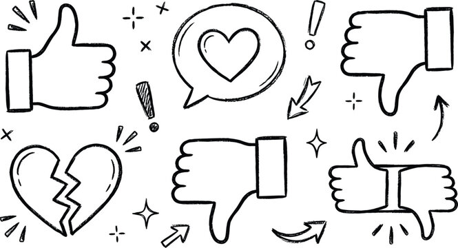 Thumbs up down heart feedback icon set vector illustration line art doodle with bubble broken heart arrow exclamation