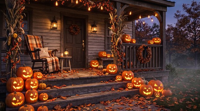 Halloween porch carved pumpkins lining wooden steps, Halloween theme Background
