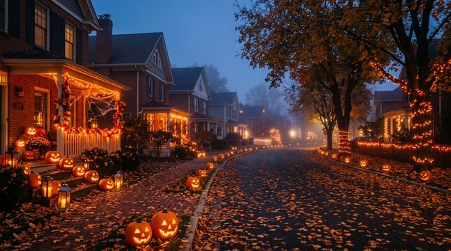 Suburban street decorated for Halloween, Halloween theme Background