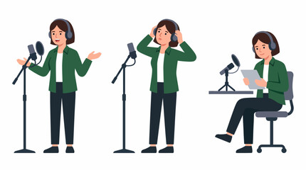 Fototapeta premium Woman recording a podcast or audio content, shown in three different poses: speaking, adjusting headphones, and reviewing content.