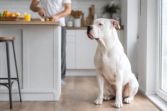 dogo argentino waiting for food 
