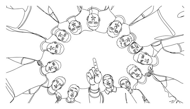 Football team players huddling in a circle looking down at camera in minimalist one line art style