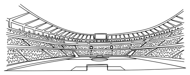 Obraz premium Empty sports stadium with large tribunes and green field in minimalist line art style