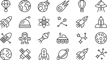 Space Exploration and Astronomy Line Icon Set Featuring Rockets Astronauts Planets Satellites Constellations UFOs and Cosmic Discovery Symbols for Science Designs © SARIFA