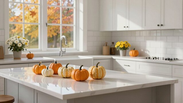 A bright white modern kitchen features a marble island topped with orange and white pumpkins. Sunlight streams through a window showing fall foliage outside, creating a warm seasonal atmosphere.