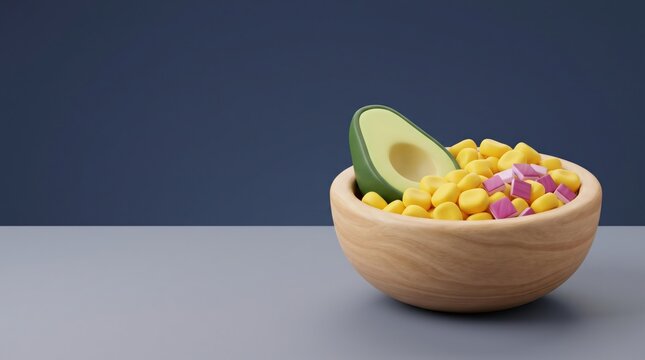 Stylized Gourmet Avocado and Corn Medley in Rustic Wooden Bowl