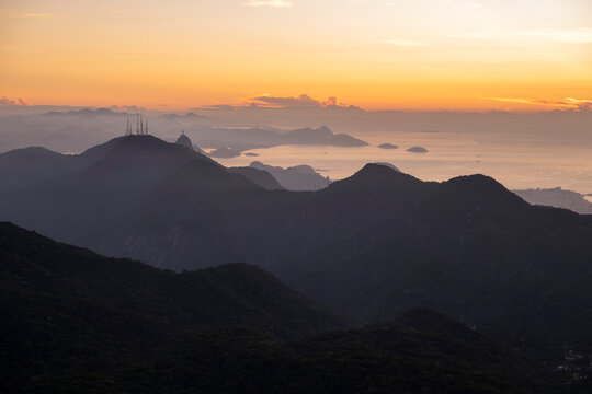 Beautiful sunrise view to rainforest mountains and ocean